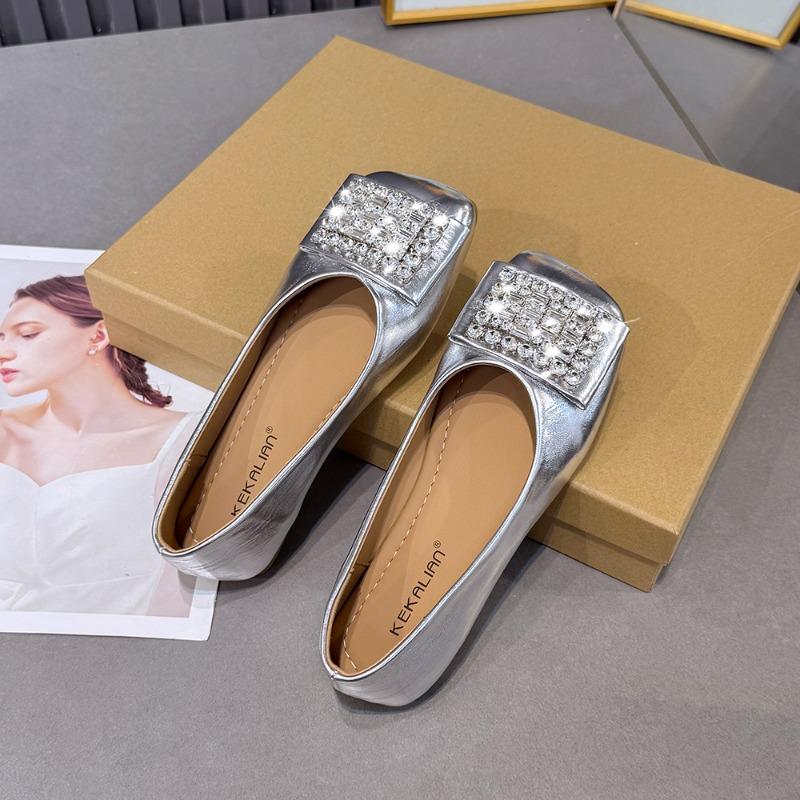 Модные плоские французские туфли-лодочки 2025 лето новые квадратный носок стразы мягкая подошва универсальные туфли-бобы французские