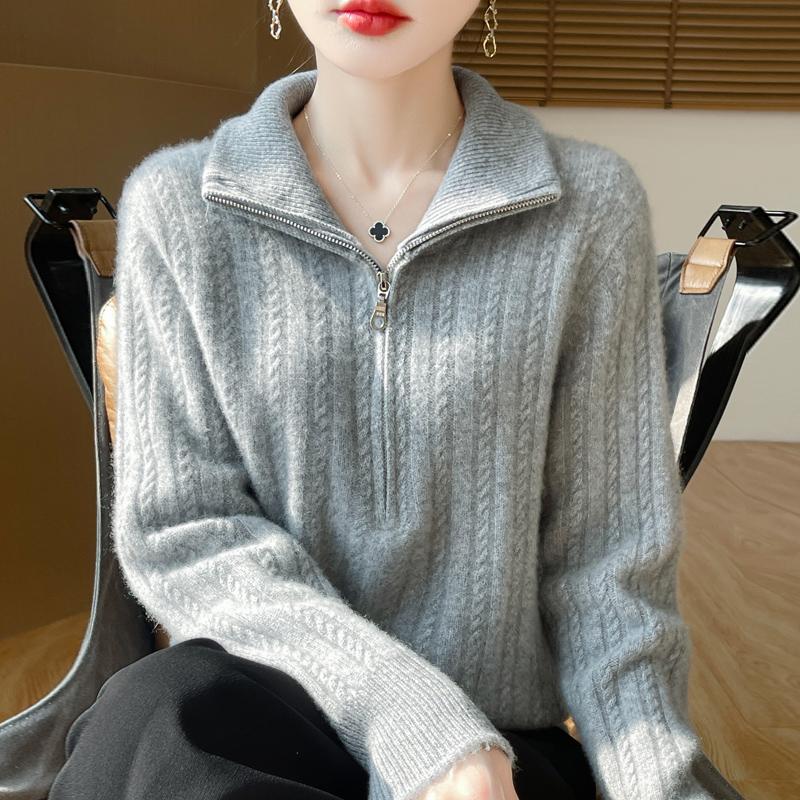 Women Sweater 100% Wool TIDENOVEL Turn-down Collar Knit Pullover Thick Winter Jumpers Female Knit Tops Zipper