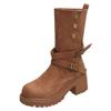 Fashion 2024 New Autumn Women's Casual Fashion Solid Color Double Buckle Decorative High-heeled Mid-calf Boots