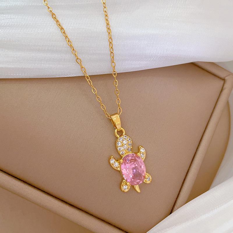 ZAKOL Stainless Steel Pink Sweet Cute Animal Crystal Tortoise Necklace Earring Set Women Girls Exquisite Jewelry Sets Gift