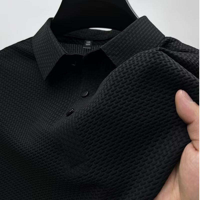 Мужская рубашка-поло: Однотонная модная сетчатая модель Ice Silk с короткими рукавами и воротником-стойкой - коллекция Лето и Осень 2023