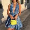 Summer Holiday Backless V Neck Halter Sexy Dress Women Casual Vintage Print Beach Women's Dresses High Waist A Line Slim Blue Dress Female 24504