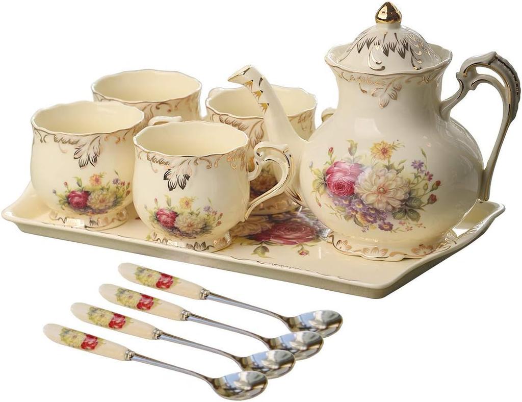 Фарфоровый чайный сервиз, Винтажный чайник и чашки с цветущими кустарниками для чаепития, Подарки на день рождения для мамы, взрослых женщин, свадьбу