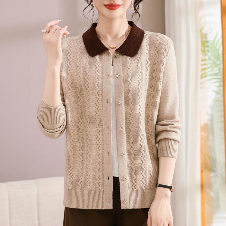Модный кардиган-свитер с лацканами для мамы для женщин Осень и зима Кардиган Короткий Большого размера Для женщин среднего возраста Вязаная куртка с длинным рукавом