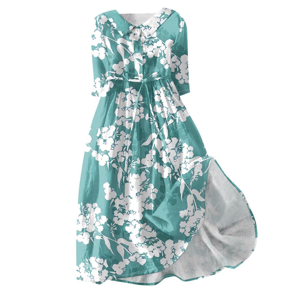 Women's Fashion Floral Printed Lapel Buttoned Seven-Point Sleeve Dress With Tie-Downs
