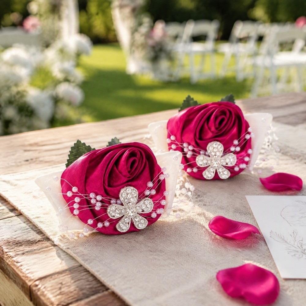 2pcs Diamond Rose Wrist Corsage Pearl Rhinestone Bridal Wrist Flower For Wedding