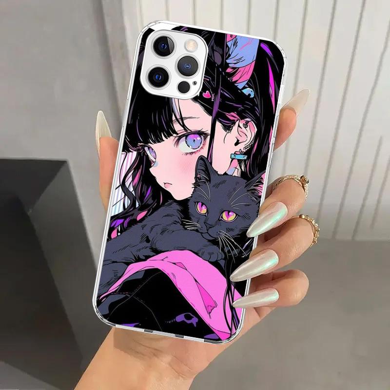 Милый черный кот из аниме Чехол для телефона для Iphone 17 Air 16 15 Plus 14 13 Mini 12 11 Pro Max 16E 7 8 SE 2020 Мягкий Funda Принт Она
