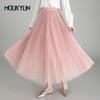 Women Pleated Long Skirts Summer Loose Mesh Elegant Dance Skirt