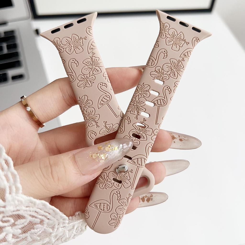 Силиконовый резной цветок фламинго, подходящий для часов Apple Watch, ремешок Apple Watch для iWatch, спортивный рельефный ремешок