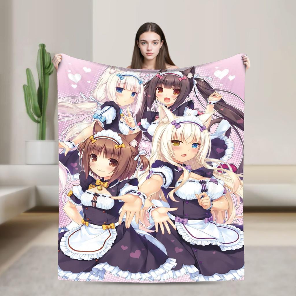Kawaii Nekopara Anime Catgirls Blankets Fleece  Super Warm Throw Blankets for Outdoor Travel Bedroom Quilt