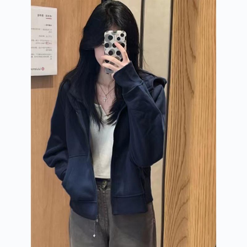 Women's Navy Blue Sporty Zipper Sweatshirt - American Style, Early Autumn 2025