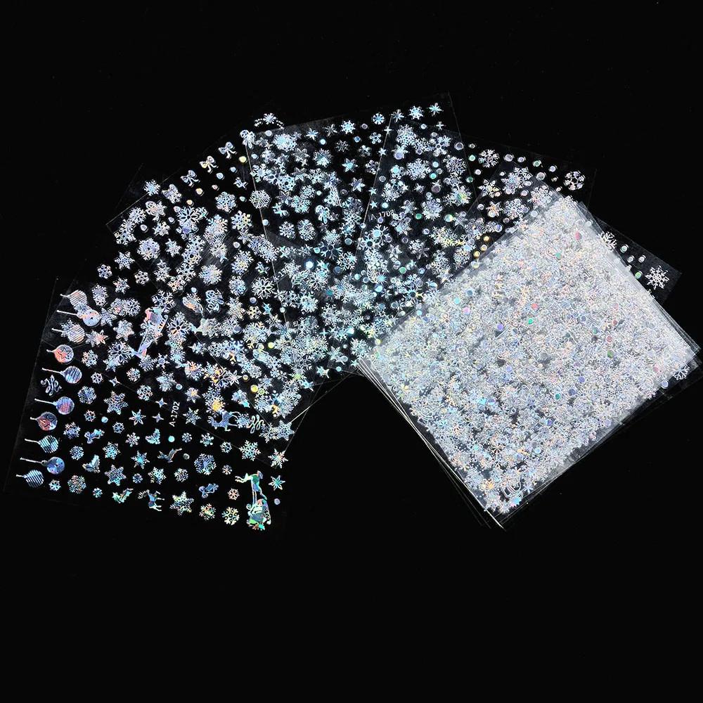 12 шт. лазерных серебряных снежинок наклейки для ногтей 3D бронзирующие рождественские наклейки для ногтей голографические слайдеры снежинки серебра/золота/белого цвета