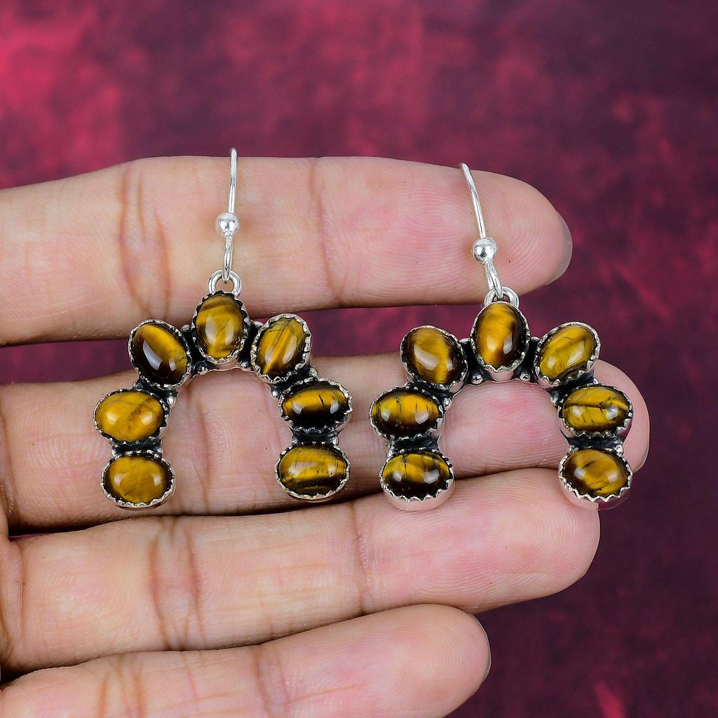Tiger's Eye Earrings, Gemstone Handmade Solid 925 Sterling Silver Earring Jewelry, For Memorial Day