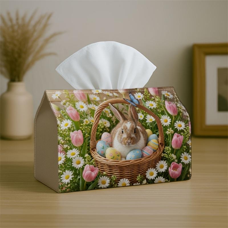 1pc Easter Decoration Vintage Easter Romantic Tissue Box with Bunny Basket Floral Pastel Illustration-Napkin Storage Organizer for Kitchen,Car,Decorat