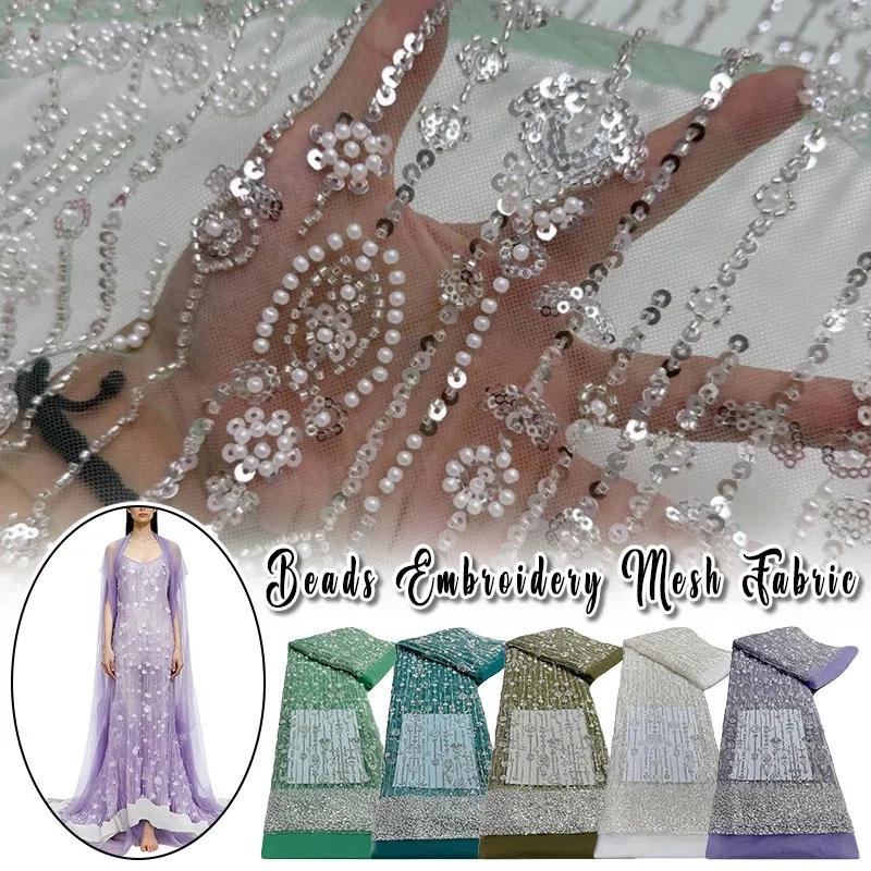 90x125cm Floral Stripes Sequins Embroidery Cloth Tulle Mesh Beaded Wedding Party Sewing Fabric DIY Dress Clothing Supplies