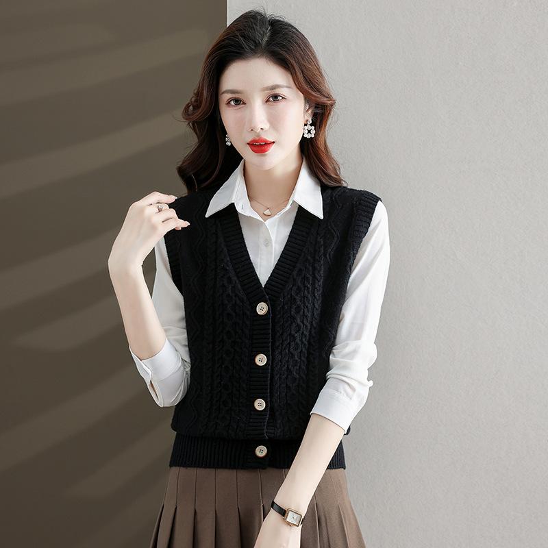 Женский шикарный трикотажный жилет из полиэстера | Жилет-свитер с V-образным вырезом и косами | Однотонный трикотаж без рукавов | Модный многослойный топ на осень/зиму