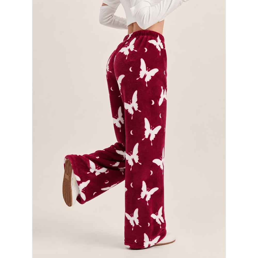 Women's autumn and winter thermal pajama pants plush flannel dream butterfly print comfortable trousers loungewear pants