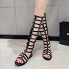 Fashion Gladiator Sandals Women 2025 Summer Leather Flats Rivets Beach Dress Shoes Side Zip Knee High Buckle Strap Rome Boots