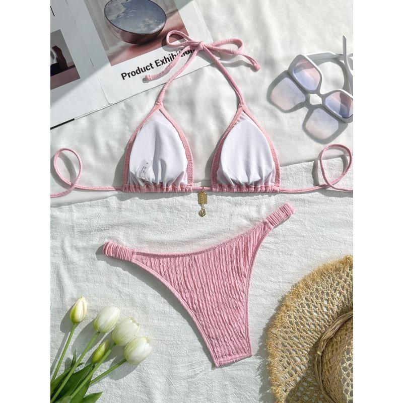 Розовый текстурированный треугольный бикини-комплект с подвеской, стринги, купальник из двух частей
