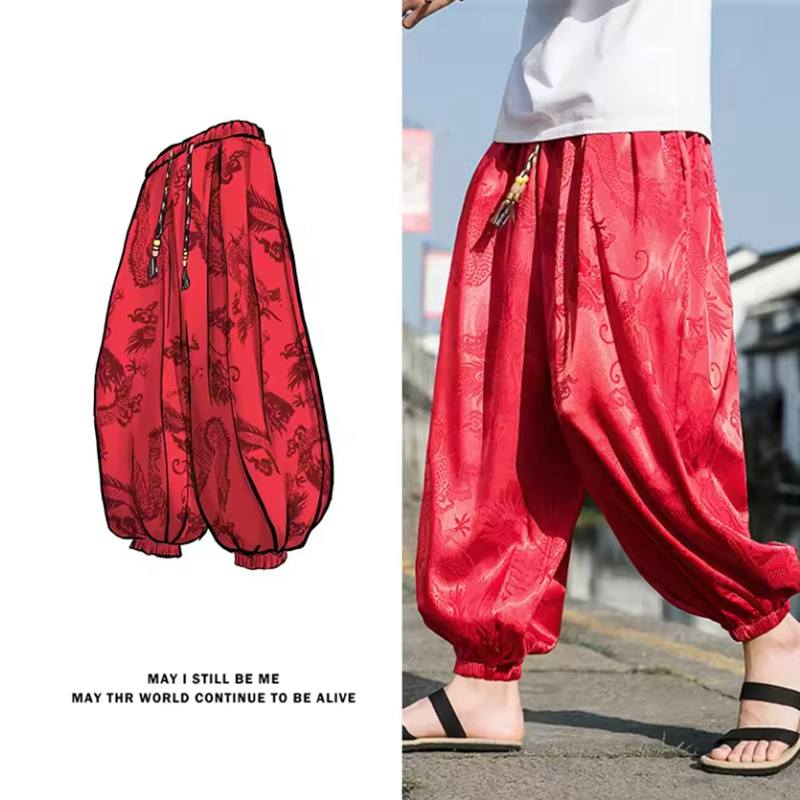 Мужские брюки бренда для улицы из ледяного шелка с темным цветочным принтом дракона, свободные шаровары, высокое качество, широкие штанины, повседневные брюки