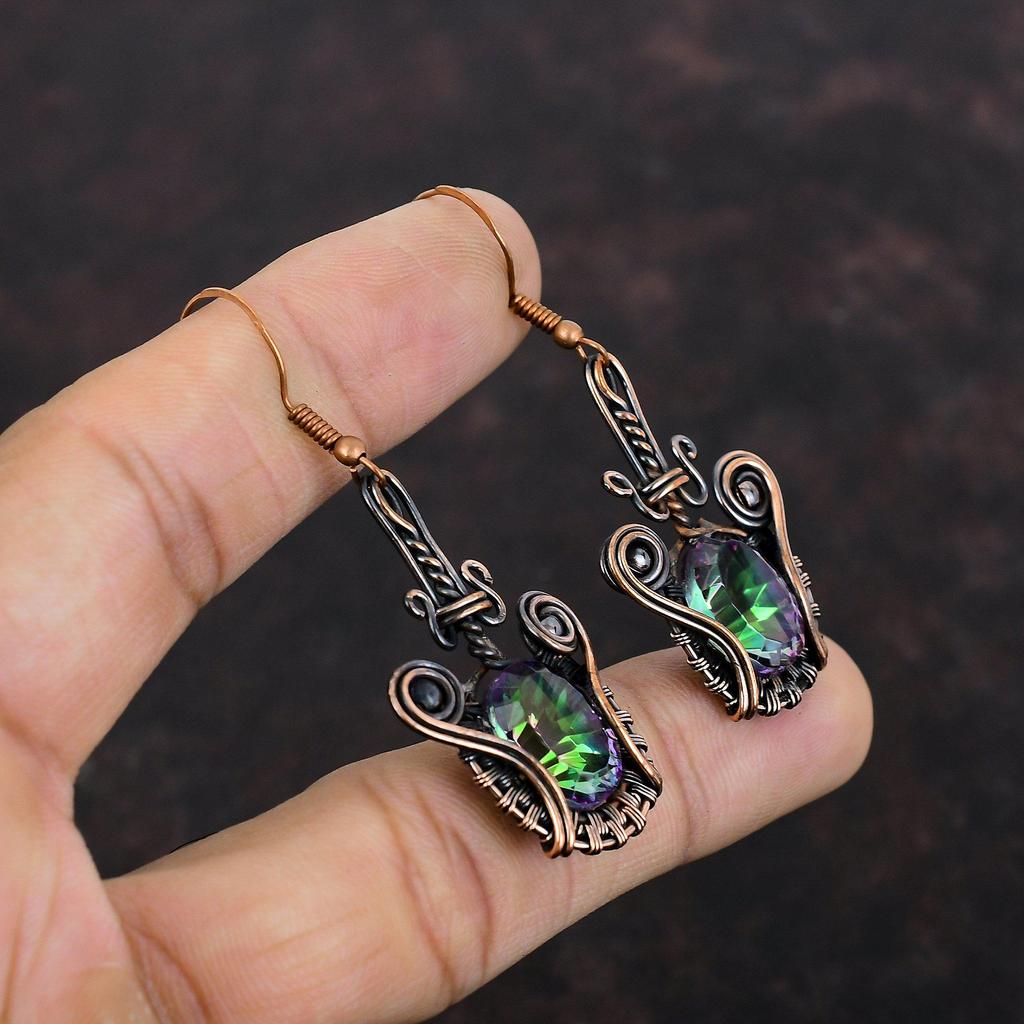 Серьги с граненым радужным мистическим топазом, серьги с драгоценными камнями в медной обертке, серьги из медных украшений ручной работы, серьги с камнями по рождению, подарок для женщин