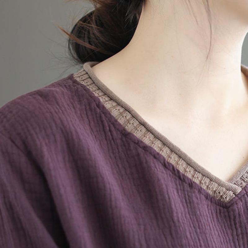 Ethnic Style Pure Cotton Retro Solid Color V-neck Bottoming Shirt Women's Loose Threaded Stitching Pocket Top