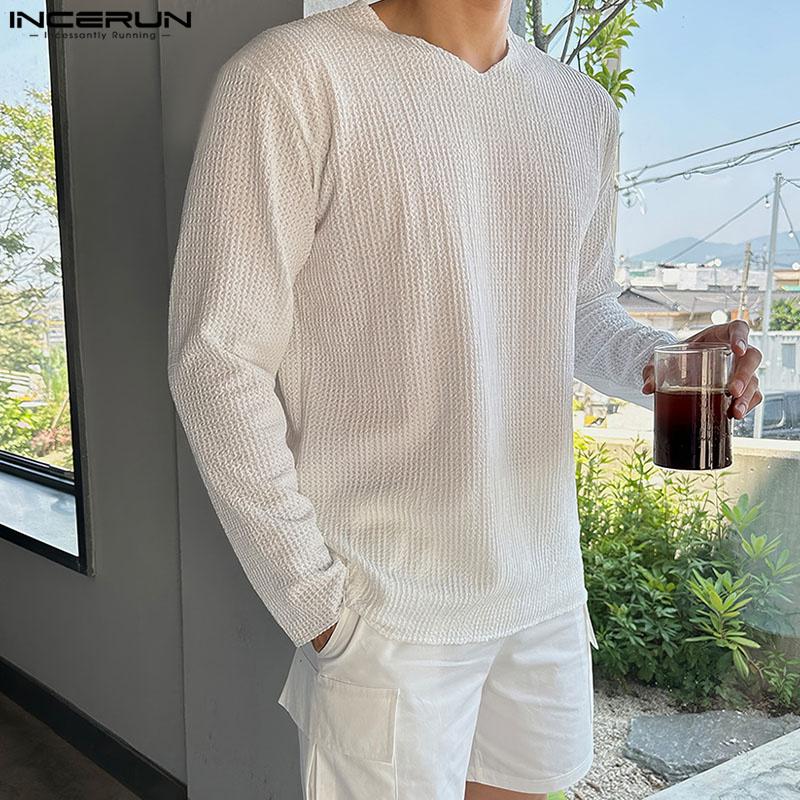 INCERUN Men Spring Long Sleeve Texture Tops Casual Loose Solid Pullovers