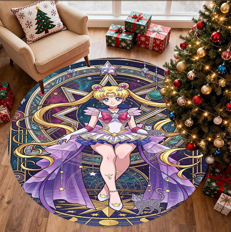 Sailor Moon Pattern Round Rug, Indoor/Outdoor Mat, for Picnic, Gameroom, Bedroom, Office, Living Room, Home Decor Carpet, Birthday Gift