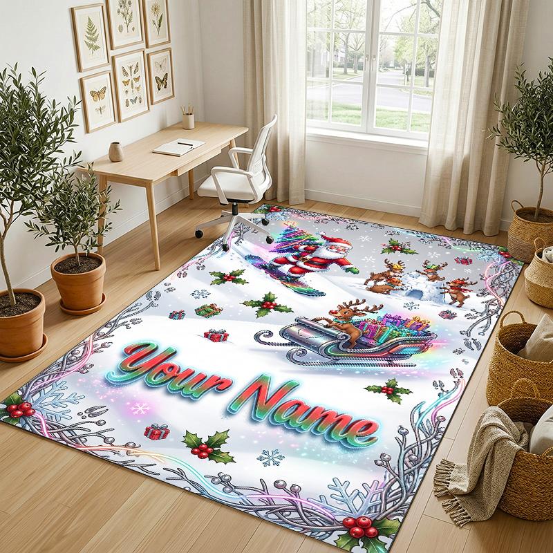 Christmas Theme Crystal Velvet Rug Personalized Custom Name Text Soft Floor Mat Home Decor