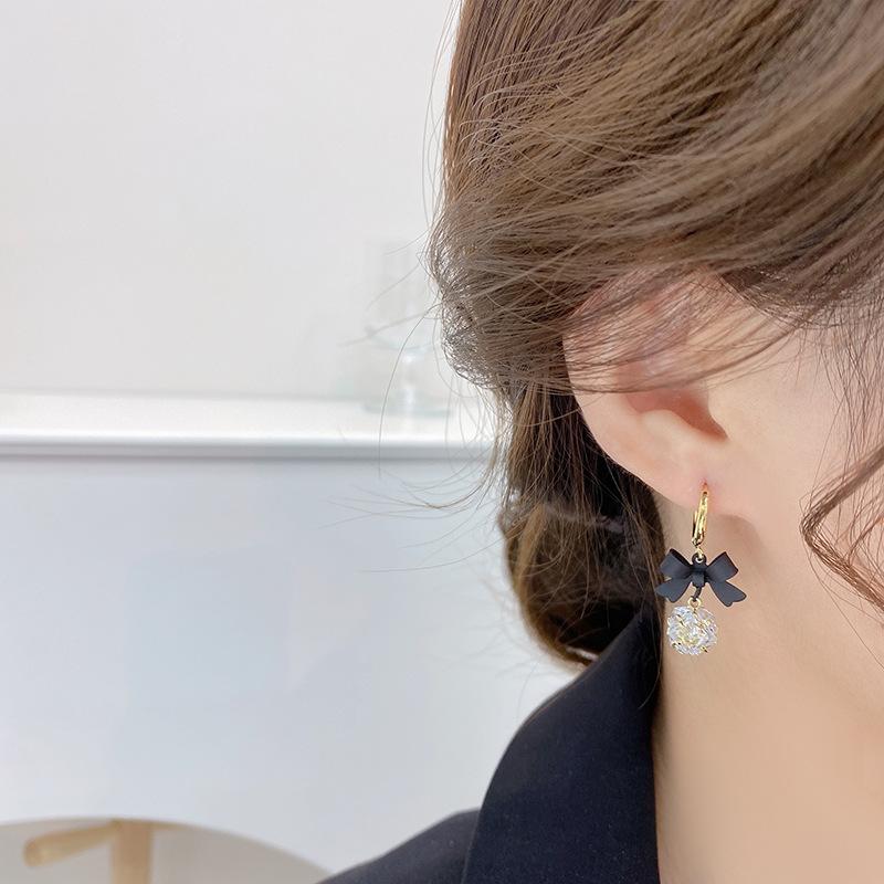 Новые модные ювелирные изделия 14-каратное настоящее золотое покрытие цирконовый шар кулон черная лента бант серьги элегантные женские выпускные вечерние серьги