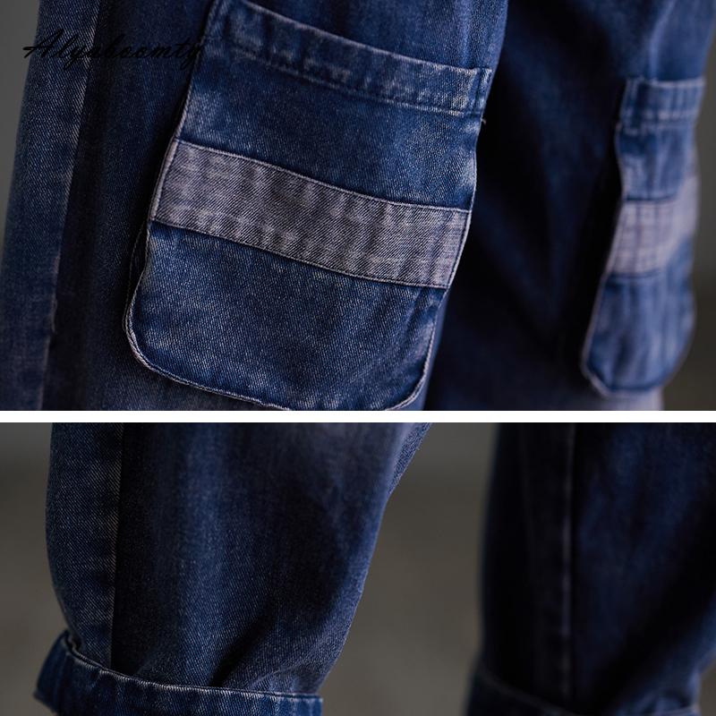 Корейский стиль, весна-осень, женские стильные джинсы с эластичной резинкой на талии, лоскутные повседневные свободные шаровары, джинсовые брюки, винтажные мешковатые женские джинсы