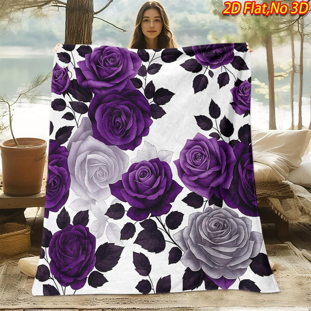 1pc 2D Flat Printing Spring And Summer New Arrival Purple-Gray Rose Theme Digital Print Blanket, All-Season Use, Casual Throw, 100% Polyester Fiber So