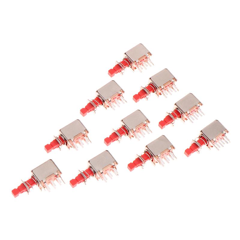 10Pcs A03 Right Angle Pcb Latching Push Button Switch Dpdt Double Pole 6 Pin Self-Locking Key Power Switches