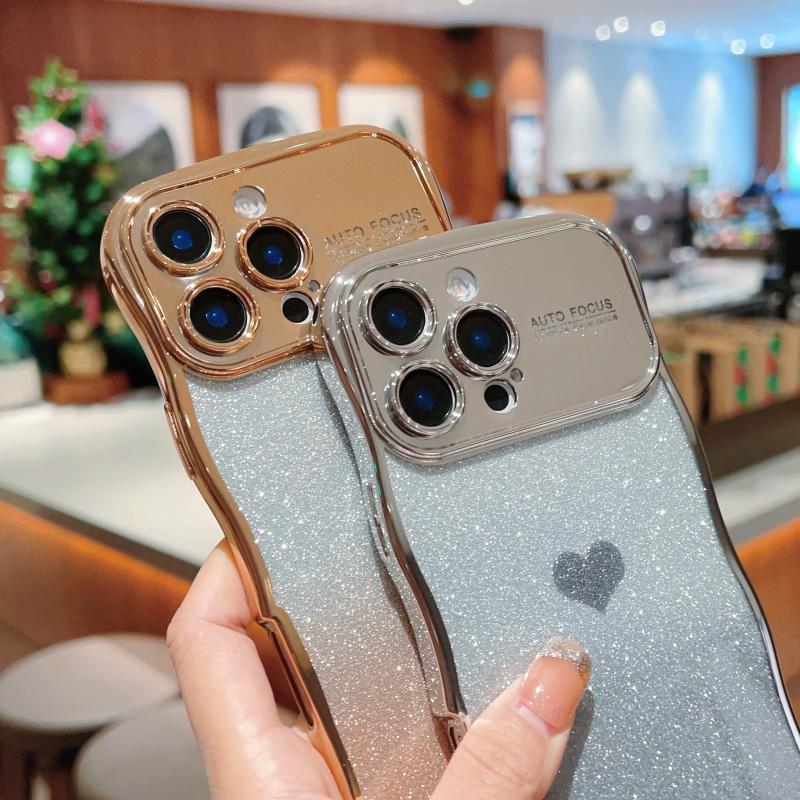 Чехол для iPhone 16 Pro Max с ремешком, гальваническое TPU покрытие, чехол для телефона с градиентным блеском в виде сердца