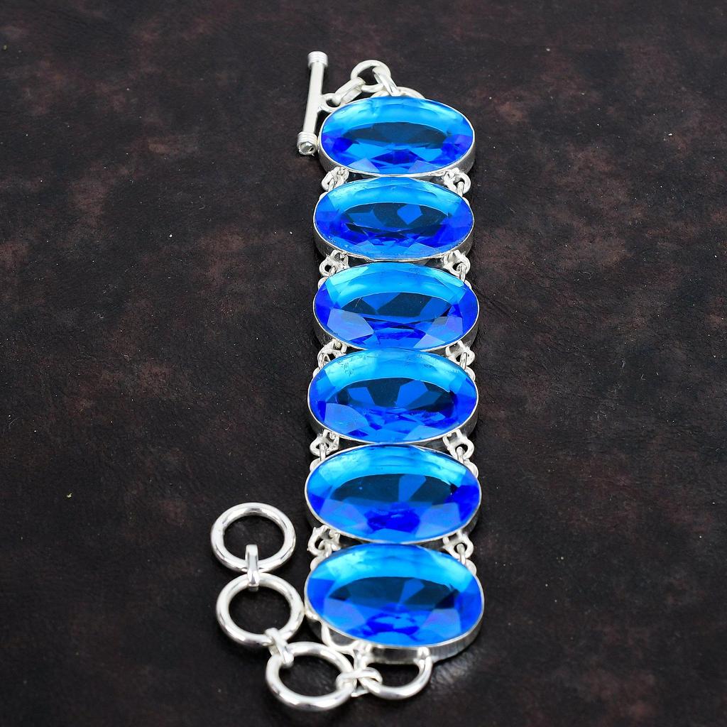 Граненый браслет из лондонского голубого топаза, браслет из драгоценных камней ручной работы, браслет из стерлингового серебра 925 пробы, браслет с регулируемой цепочкой, серебряные украшения для подарка