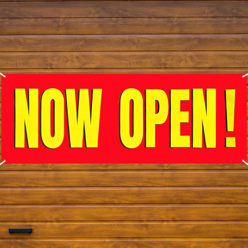 Large Now Open Banner Outdoor Indoor Signs Polyester Oxford Cloth Now Open Sign Hanging Banner for Lawn Outside Business Shop Decoration, 3 x 8