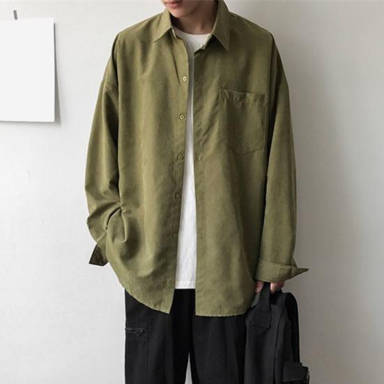 Мужская рубашка с лацканами, длинный рукав, однобортная рубашка, однотонный цвет, накладной карман, повседневная рубашка, свободный крой, удобная куртка