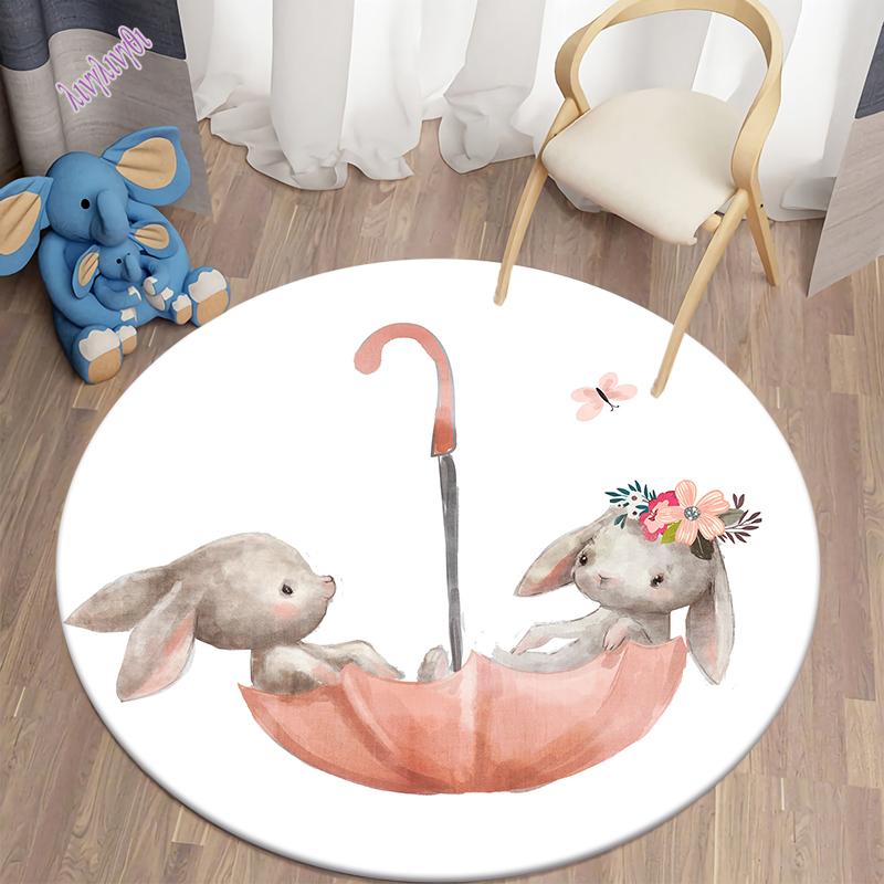 Круглый ковер с принтом кролика из мультфильма для дома, гостиной, детской спальни, украшения пола, нескользящий напольный коврик