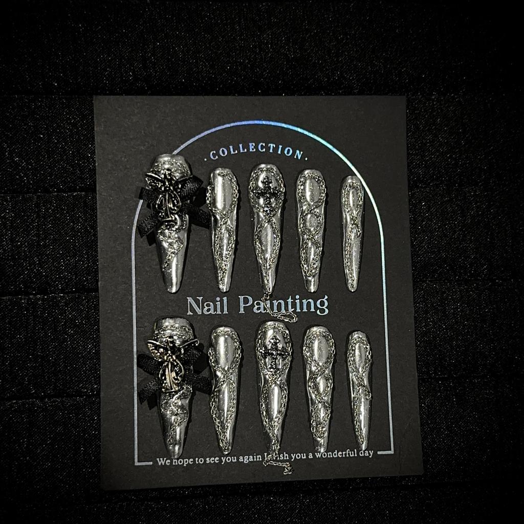 Миндальные накладные ногти ручной работы со стразами, длинные стилеты, многоразовые акриловые накладные ногти, полное покрытие, клей для ногтей, самоклеящиеся ногти для женщин