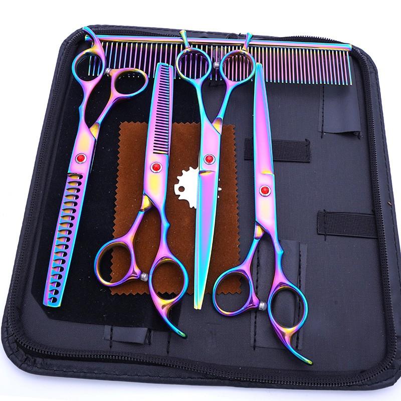 Professional Dog Grooming Scissors Set 7 Inch Stainless Steel Curved Straight Tooth Fishbone Kit Pet Hair Trimming