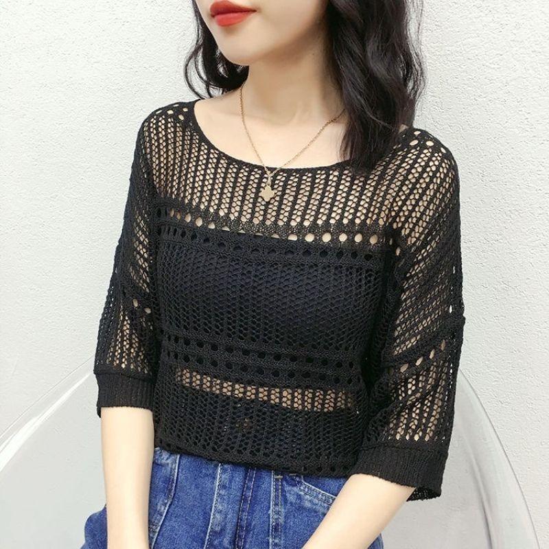 Female Hoodie Leisure, Elegant, Sexy Spring Hollow Round Neck Short Sleeve Knitted Top Summer Short-sleeved Hollowed Out Knit Shirt
