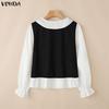 Vonda Lapel Splice Women Neck Long Sleeve Casual Autumn Spring Blouse Shirts