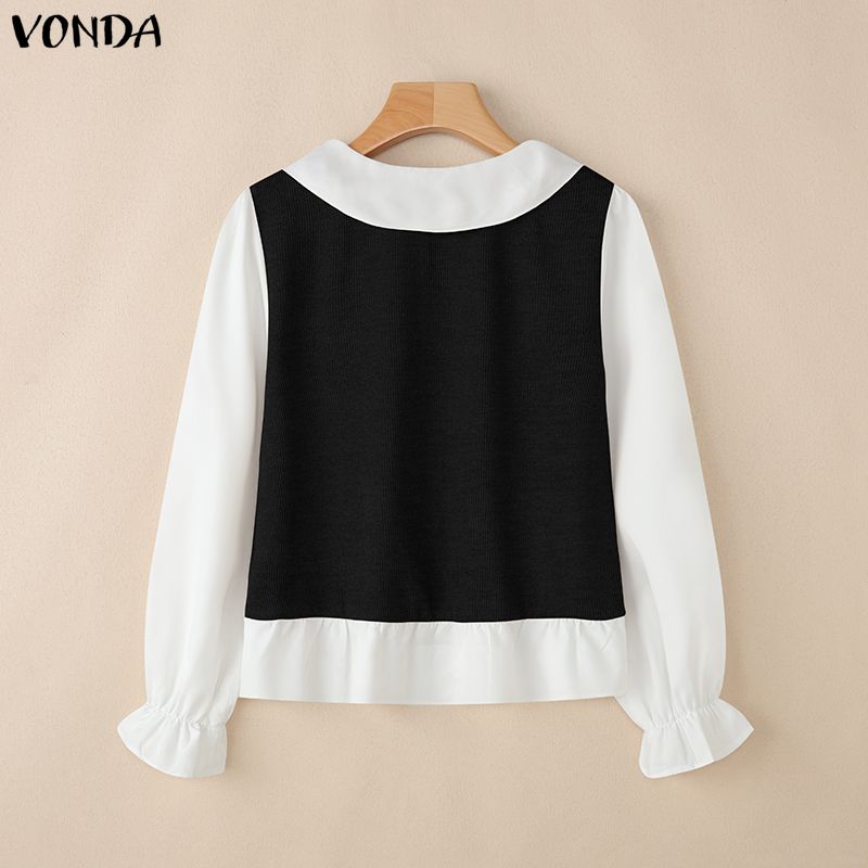 Vonda Lapel Splice Women Neck Long Sleeve Casual Autumn Spring Blouse Shirts