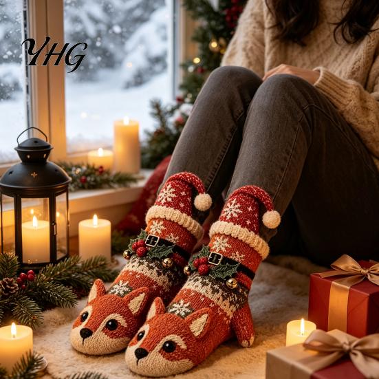 Winter Holiday Gift Storage Bags 3D Knit Animal Christmas Stockings, Rudolph Reindeer Highland Cow Fox And Retro Jacquard Stocking Set Polar