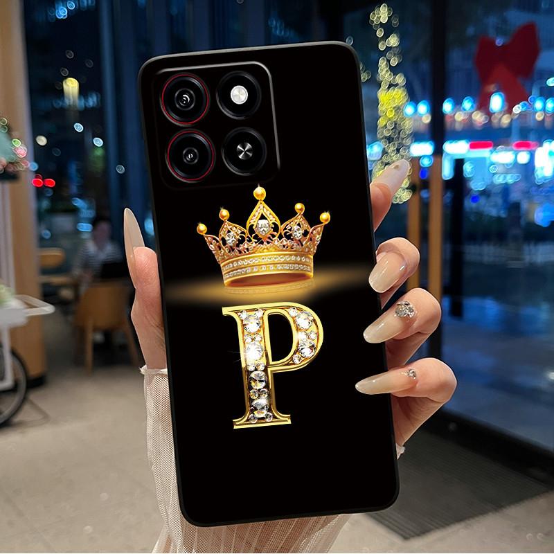 Cool Lucky A-Z Letter Phone Case For ZTE Blade A35/A55 Soft Silicone Black Case Shockproof Luxurious Glitter Crown Shell