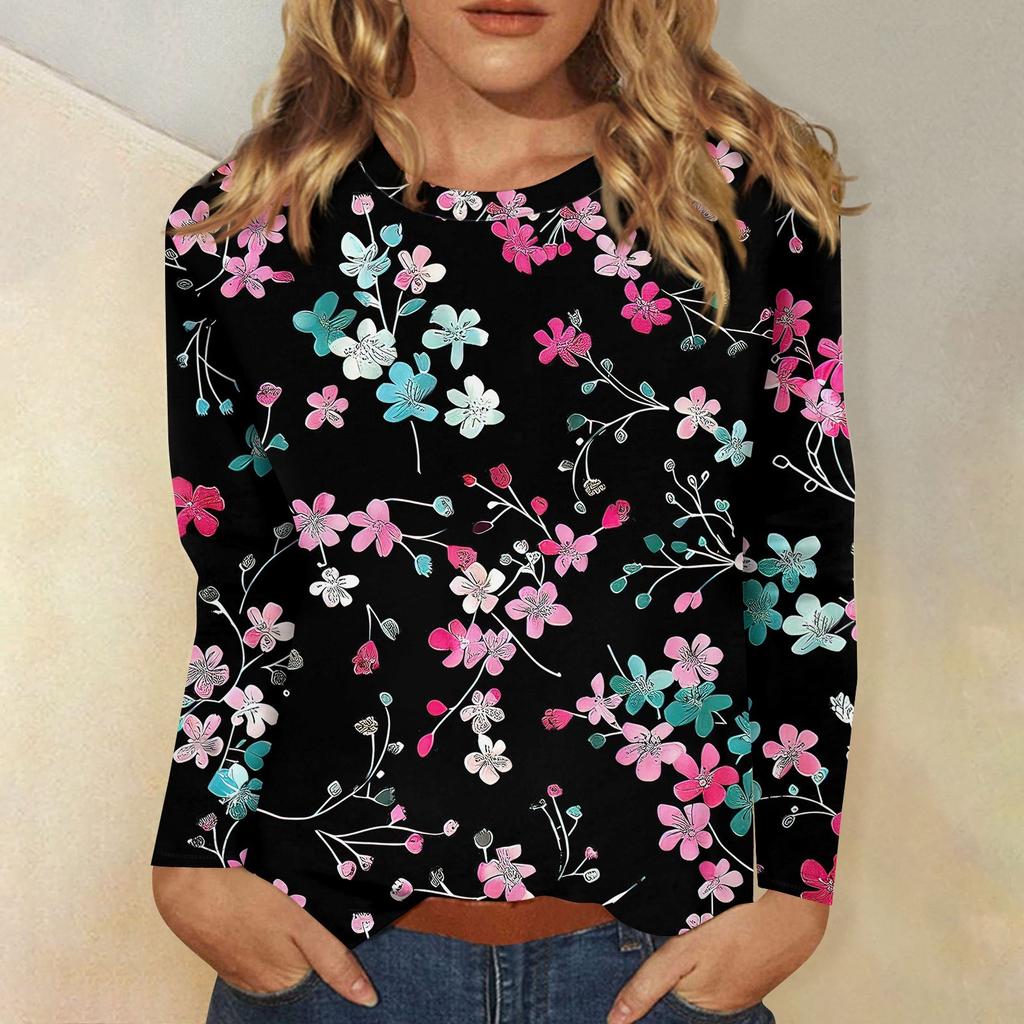 Женский модный повседневный пуловер с круглым вырезом и длинным рукавом с цветочным принтом