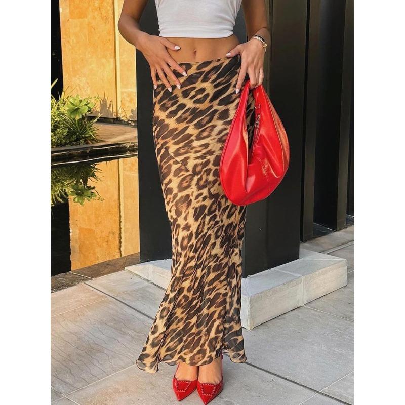 Юбка из шифона с леопардовым принтом, длинная юбка с высокой талией, женская летняя облегающая элегантная пляжная одежда для вечеринок