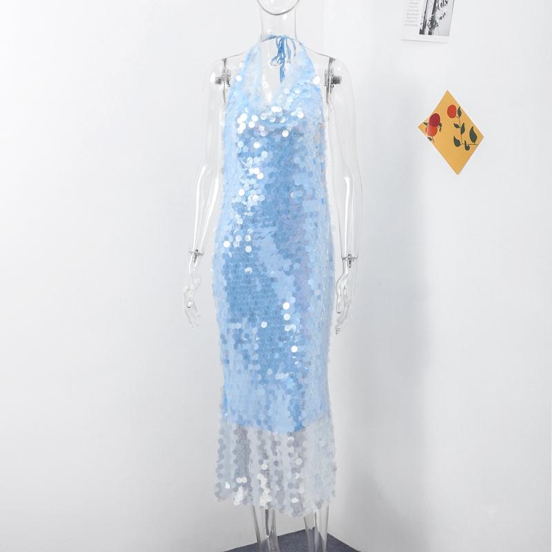 Euphoria Sequin Backless Party Dress Women Chic Sleeveless Lace Up Blue Female Evening Dresses 2024 Lady Bodycon Robe