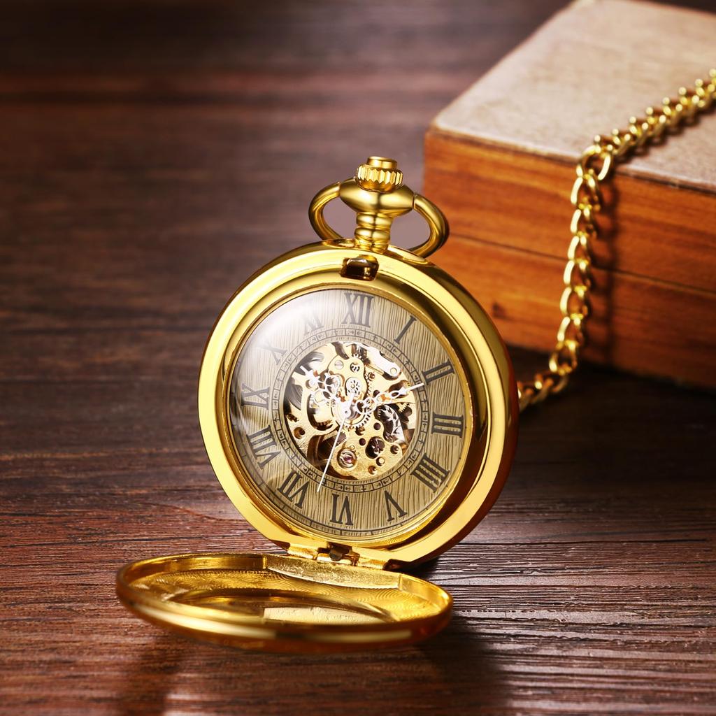 Pocket Watch Automatic Skeleton Antique Roman Analog Display Pocket Watch Waterproof Pendant Watch with Chain Gold Birthday Anniversary Christmas Day