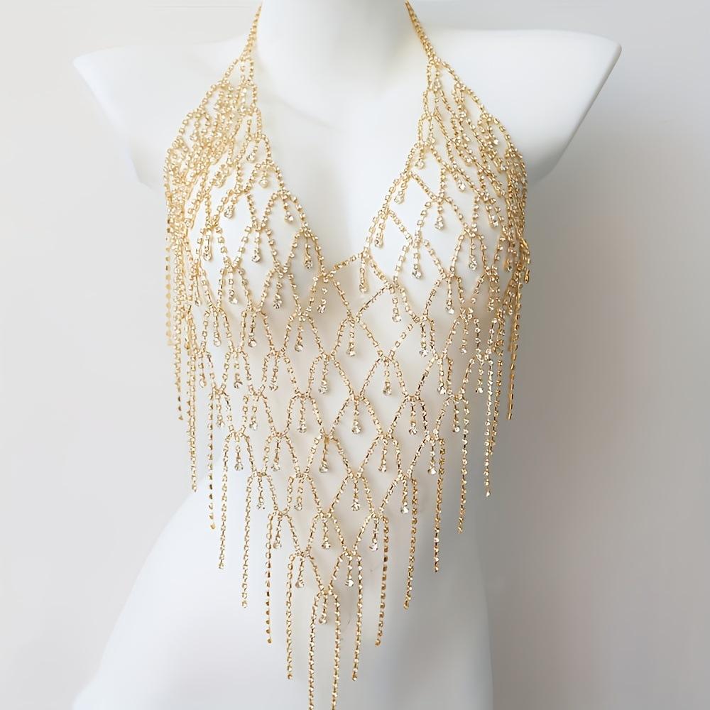 Beach Accessories Women, Sexy Hollow Fringed Breast Chain, Nightclub Party Shiny Body Chain Top